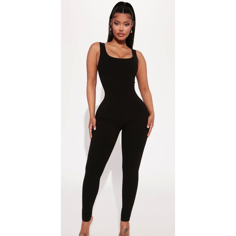 Fashion Nova Nova Boost Jumpsuit Black Ribbed Square Neck Sleeveless Medium NEW